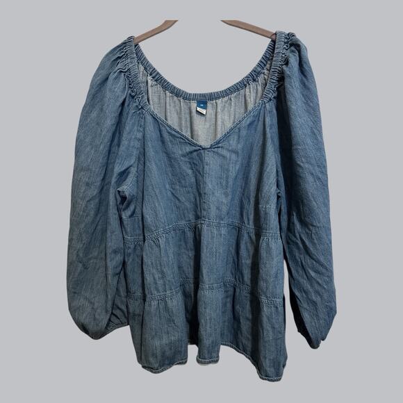Old Navy Denim Peasant Top Babydoll Boho Chic Prairie V Neck Tiered Relaxed 2X - Picture 1 of 7